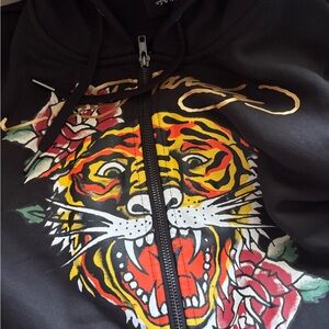 Ed Hardy Black Hoodie with Tiger and Floral Accents